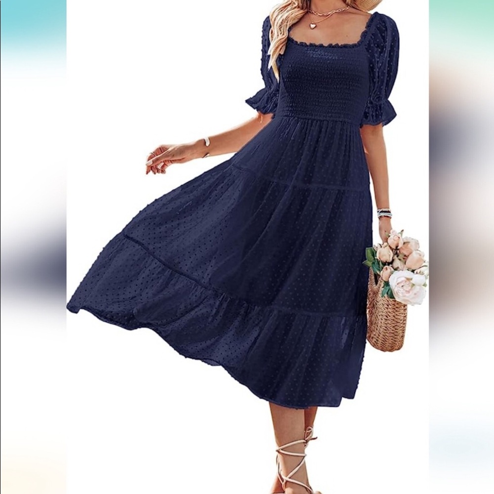 Women’s Navy Midi Smocked Square-Neck Dress - Picture 2 of 8